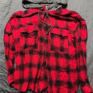 SO Red and Black Plaid Hooded Button Down Shirt
